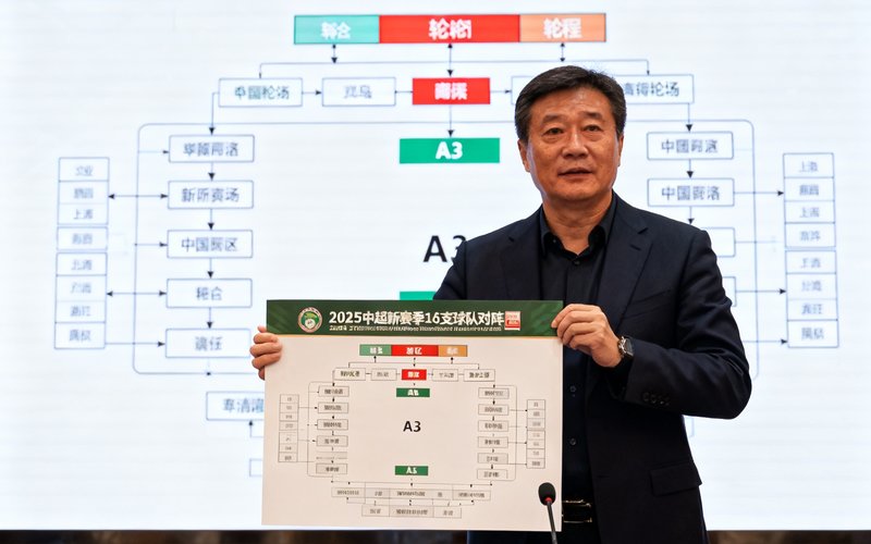 中超新赛季赛程公布新闻发布会现场,中国足协官员在台上展示赛程表,背景大屏幕显示16支球队对阵图