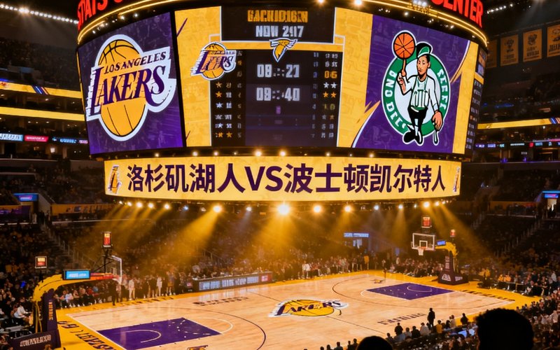 洛杉矶湖人对阵波士顿凯尔特人的NBA赛程预告,斯台普斯中心内场灯光璀璨,巨型记分牌清晰可见